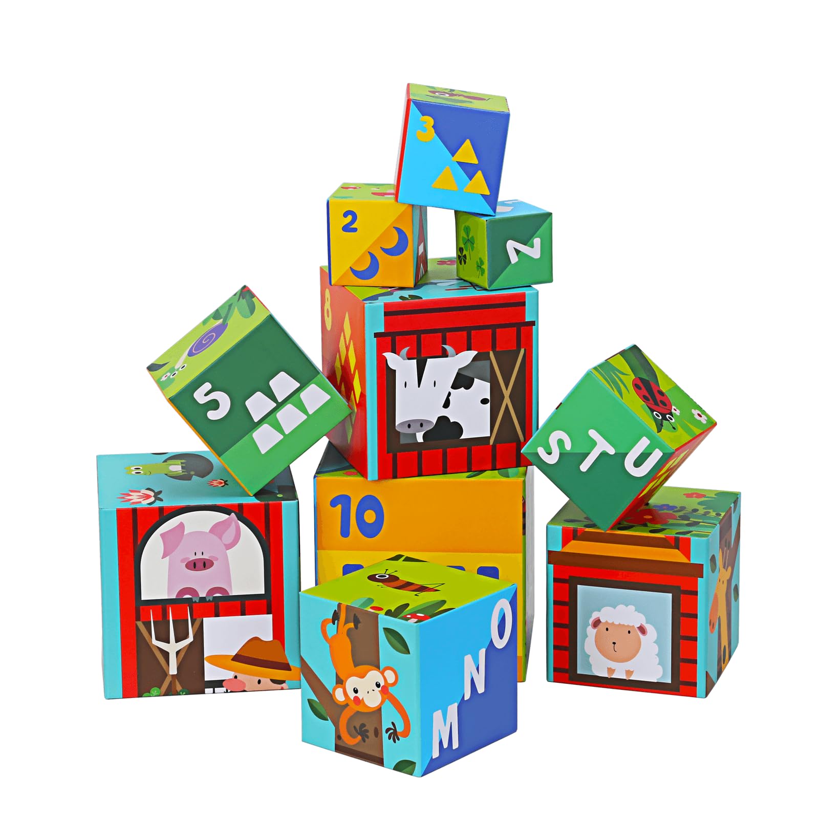 Animal Sorting and Stacking Blocks - Educational ABC & Numbers Toy for Babies and Toddlers - Montessori Learning Tower -10 Nesting Cubes Building Set - Ideal Present for Boys & Girls