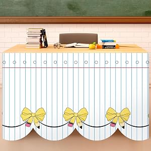 6FT Composition Notebook Table Skirt Black and White Teacher Desk Skirt with Pencil Bow Scalloped Edge Classroom Notebook Lin