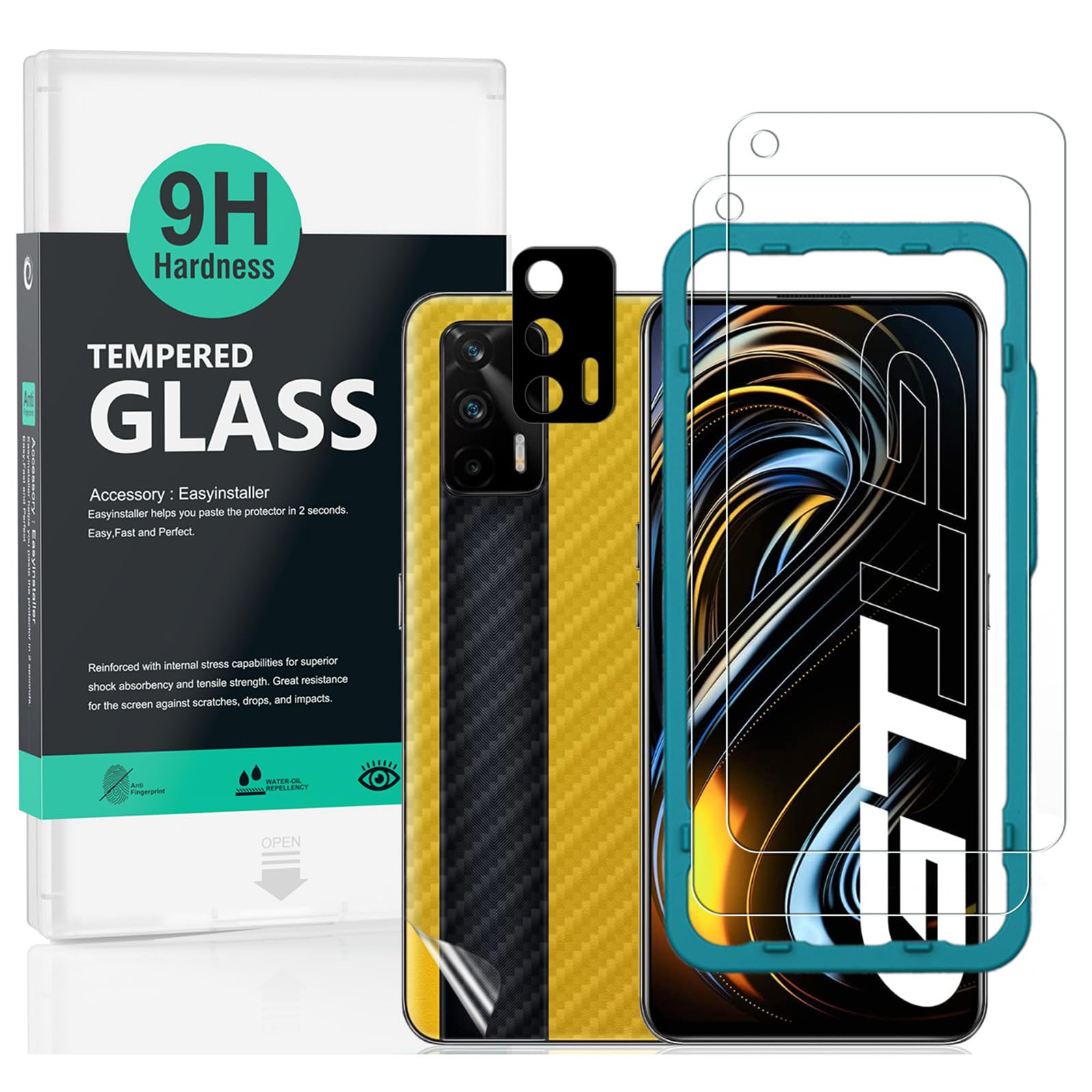 Ibywind Screen Protector (2 Pack) For Realme GT(5G),9H Hardness Tempered Glass,With 1Pc Metal Camera Lens Protector,1Pc Back Protector,Easy to Install