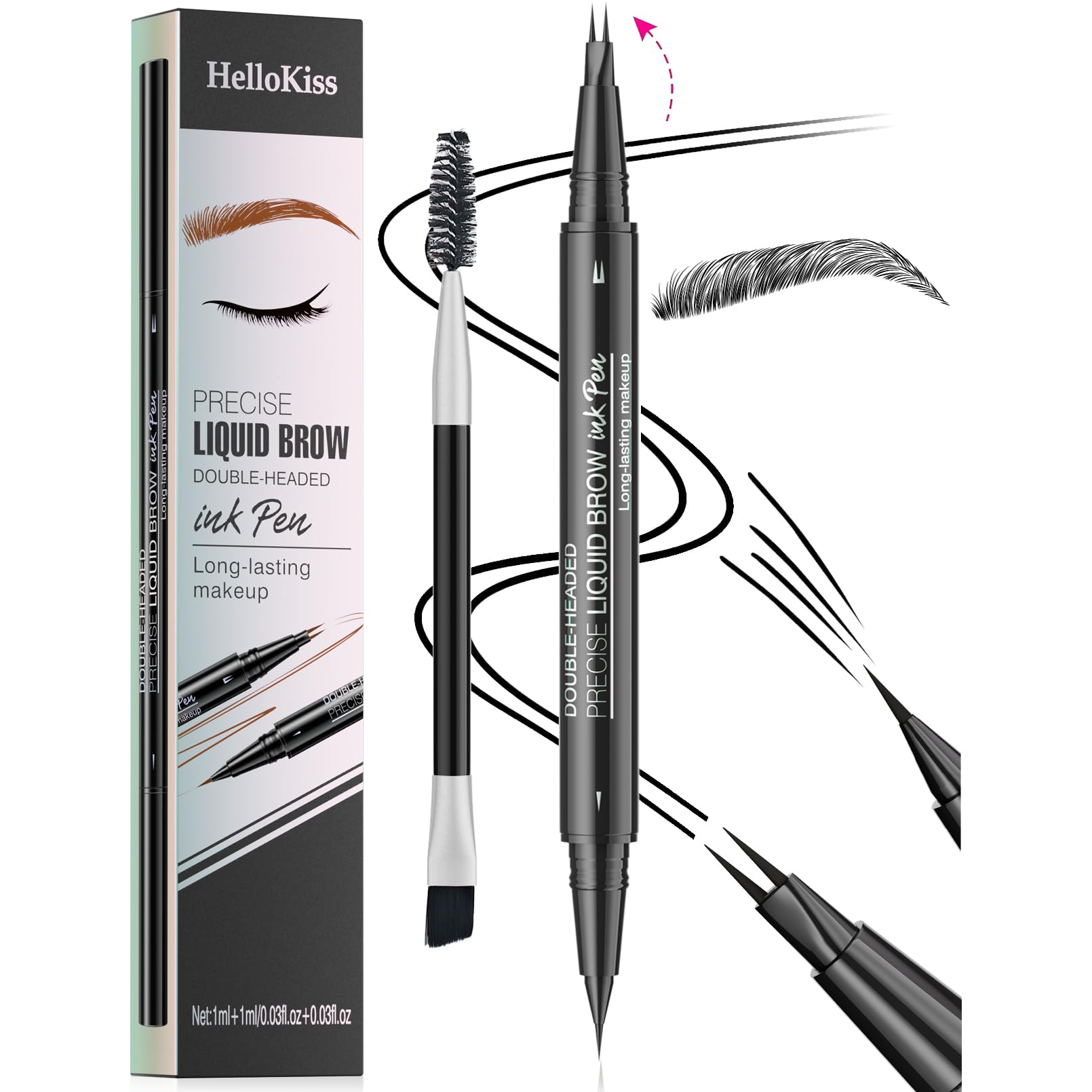 RZJZGZ Curved Eyebrow Pen, 3D Waterproof Eyebrow Pencil Contouring Pen, Brow Pencil 2-in-1 Dual-Ended with Micro-Fork-Tip and Precise Brush-Tip Create Natural Hair-Like Brows, Last All-Day, Black