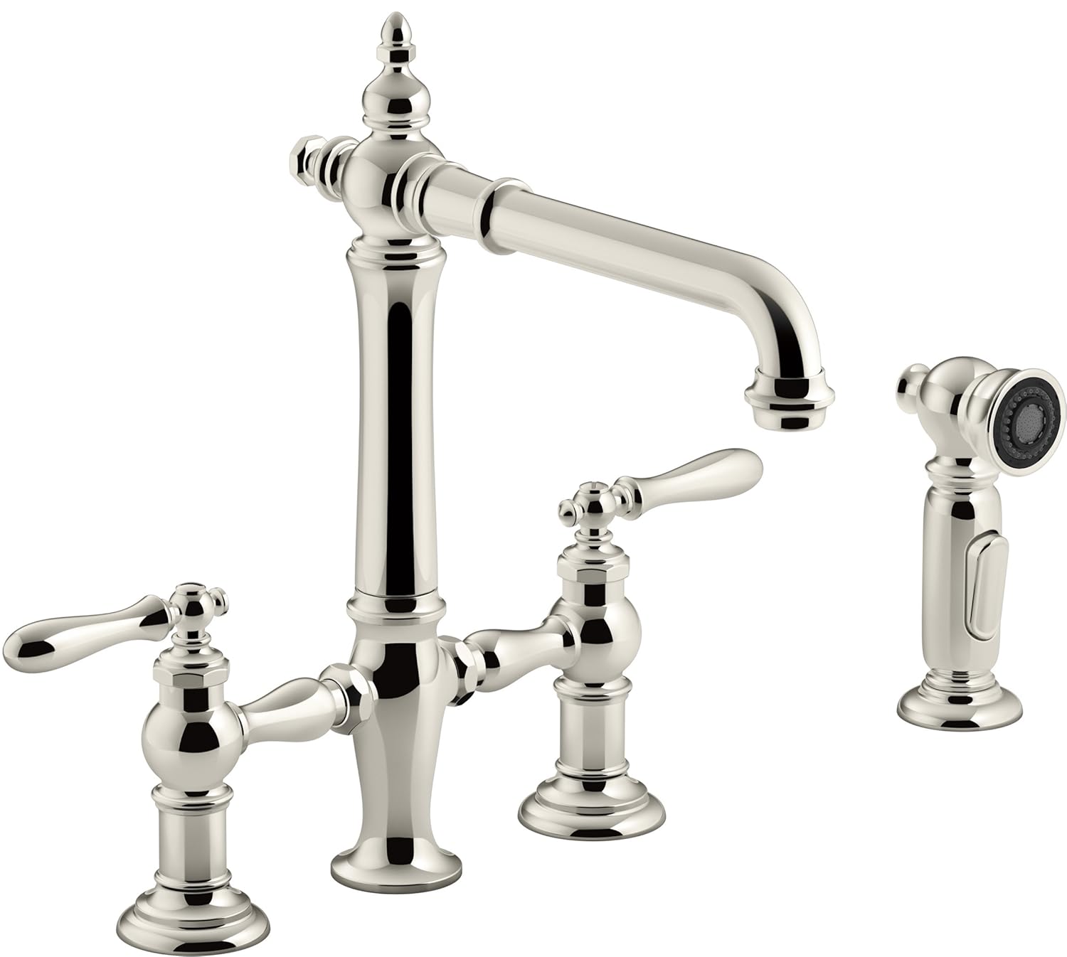 Kohler K-76519-4-SN Artifacts Deck-Mount Bridge Kitchen Sink Faucet with Lever Handles and sidespray Vibrant Polished Nickel