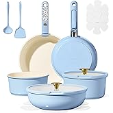 CAROTE 15Pcs Ceramic Cookware Set, Pots and Pans Set Non Stick, Kitchen Cooking Set with Detachable Handle, Non Toxic Induction Cookware, Dishwasher/Oven Safe