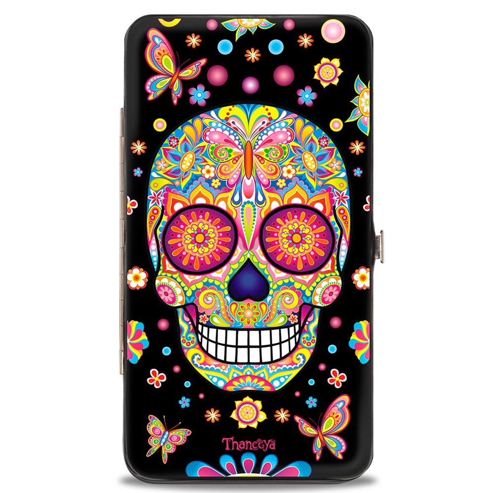 Buckle-Down Unisex Adults Hinge - Mariposa Calaveras/Butterflies/Flowers Black/Multi Color Wallet, Thaneeya Sugar Skulls, 7 x 4 US, Thaneeya Sugar Skulls