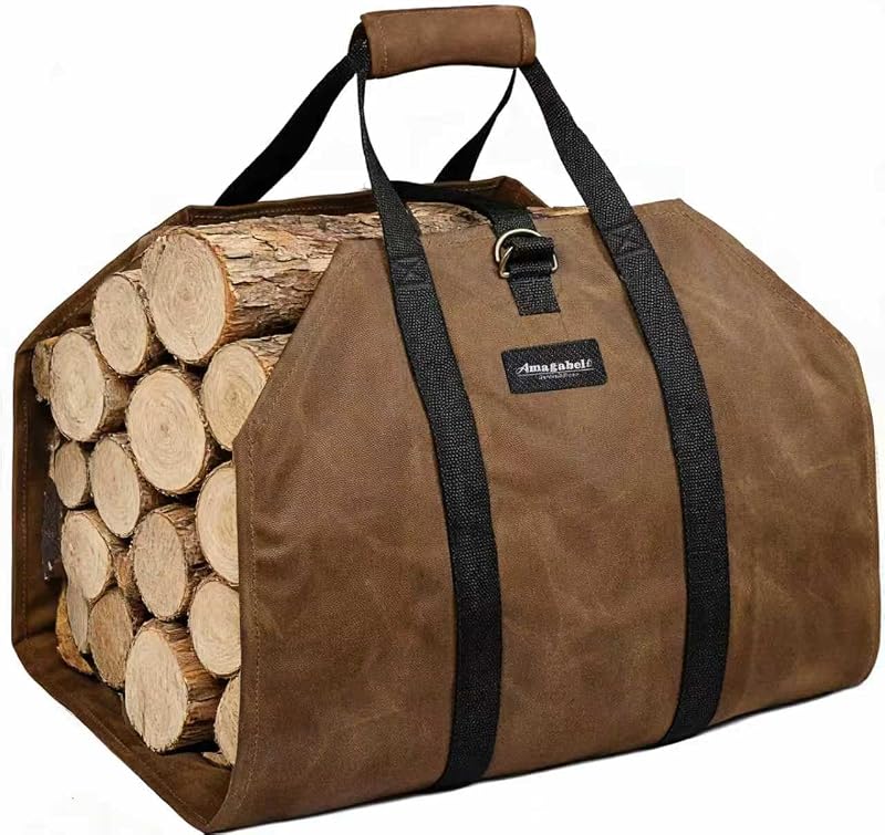 AMAGABELI Firewood Log Carrier Bag Waxed Canvas Large 99x46cm Heavy Duty Dark