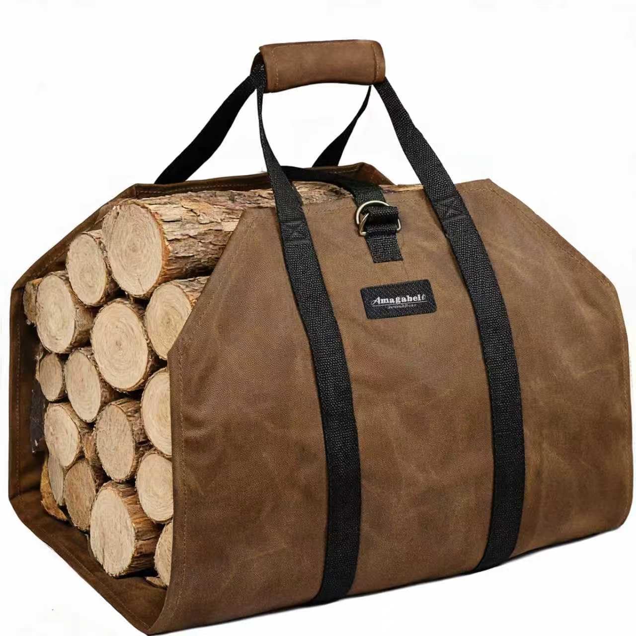 Amagabeli Firewood Carrier Bag Canvas Waxed Large Firewood Log Tote Carrying Indoor Bag Firewood Storage Tote Fire Place Log Holders Outdoor Fire Wood Carrier with Handles Heavy Duty Wood Dark Brown