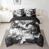 Erosebridal Gothic Dragon Bed in a Bag Queen Comforter Set 7 Piece,Black and White Vintage Fantasy Castle Bedding Sets Dark Sky Mythical Animal Sheet Set with Comforter