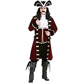 Adult Deluxe Captain Hook Costume Mens, Maroon Fancy Pirate Neverland Halloween Outfit