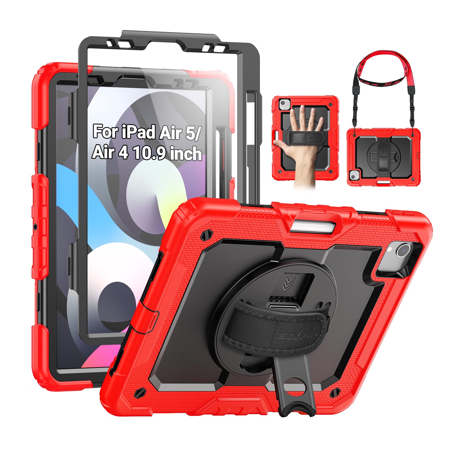 Photo 1 of SEYMAC for iPad Air 5th/4th Generation Case 10.9 Inch, Full-Body Heavy Duty Protective Case with Rotating Stand, Screen Protector and Hand/Shoulder Strap for Air 5/ Air 4, Red