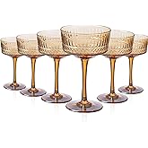 CLUSIVC Amber Coupe Cocktail Glasses set of 6 - Ribbed Coupe Cocktail Glasses 9oz, Unique Cocktail Glass for Bar, Martini, Impressive Cocktail Party Glasses New Year Gifts