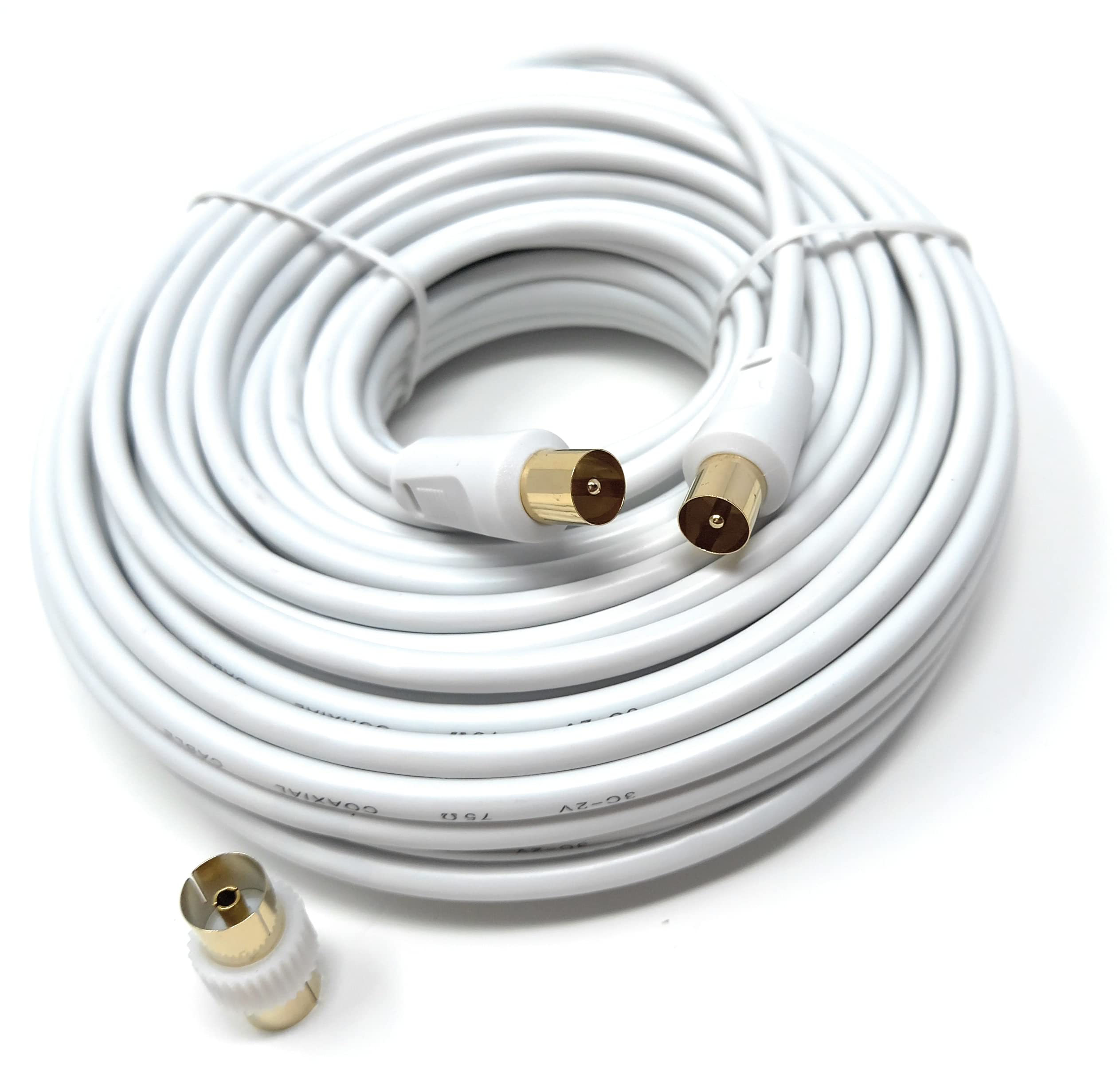 DRUT 20m TV RF Male to Male Aerial Antenna Coaxial Cable With Female to Female Coupler Gold Connectors 75 ohm 3C2V 65ft White