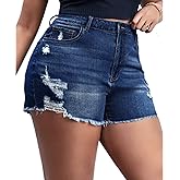 Mimmifib Plus Size Denim Shorts Women High Waisted Ripped Folded Hem Jean Shorts
