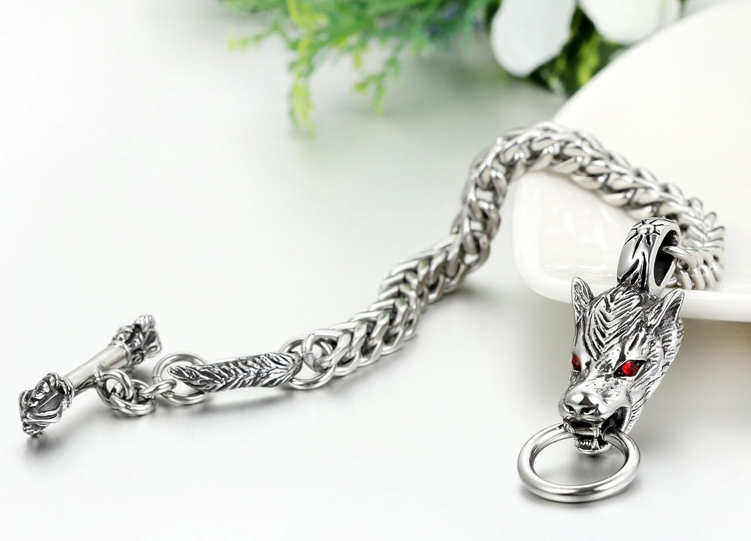 JewelryWe Gift for Dad Stainless Steel Mens Wolf Head Bracelet Vintage Gothic 8.7 Inches, Stainless Steel,Blue - Image 3