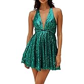 R.Vivimos Women's Sequin Dress Spaghetti Strap Sexy Deep V Neck Backless Glitter Club Party Skater Swing Mini Dress