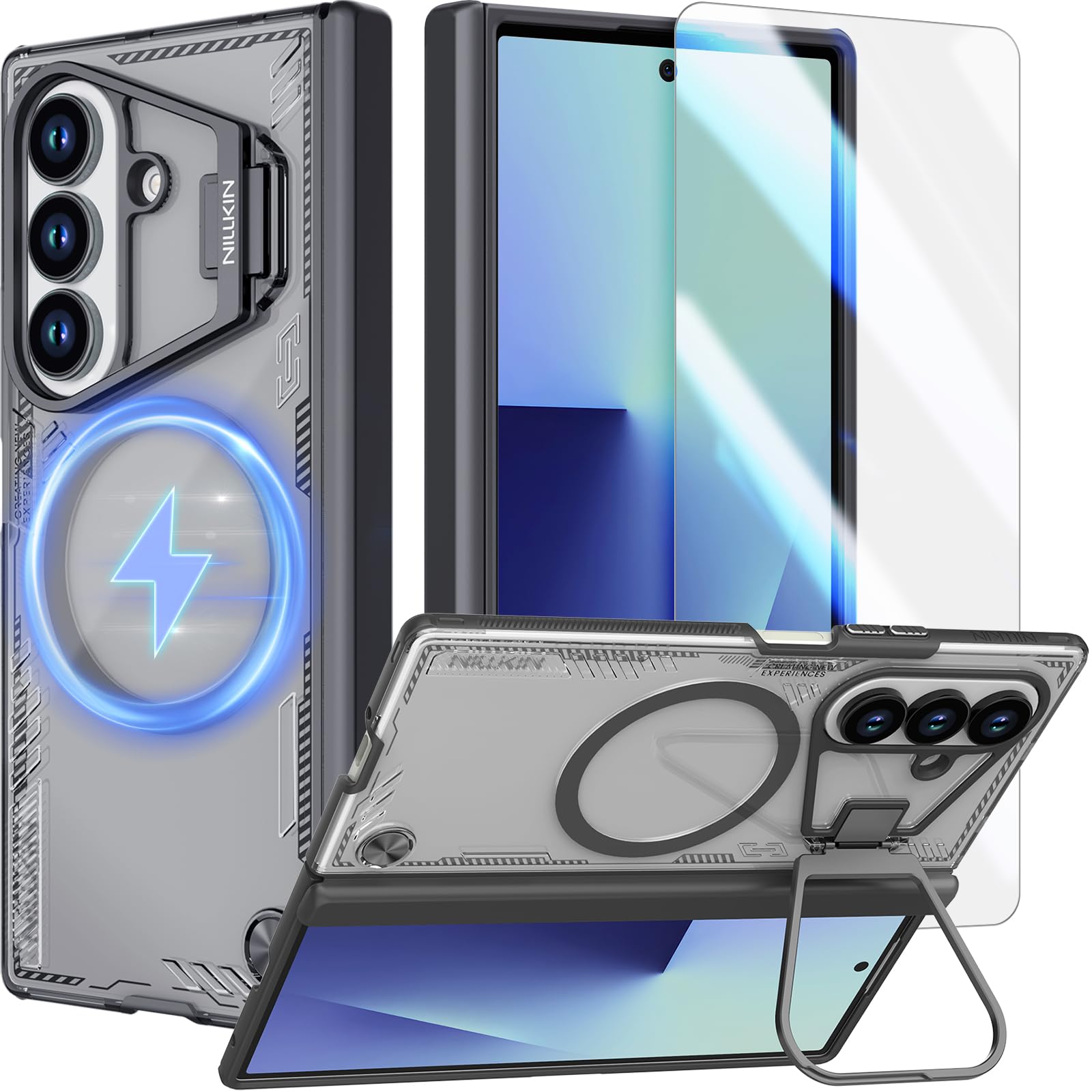 Photo 1 of Nillkin for Samsung Galaxy Z Fold 7 Case, Compatible with MagSafe, Built-in [Screen Protector] [Hinge Protection] [Kickstand] Slim Magnetic Anti-Yellow Phone Case for Galaxy Z Fold 7 - Clear Black