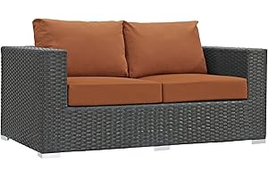 Modway Sojourn Wicker Rattan Outdoor Patio Sunbrella Fabric Loveseat in Canvas Tuscan