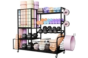 MULEJYBO XXL Dumbbell Rack Weight Stand - Adjustable Heavy Duty Weight Rack for Dumbbells, Home Gym Storage Rack for Kettlebell, Balls,Yoga Mat Holder, Workout Equipment Storage Organizer with Wheels