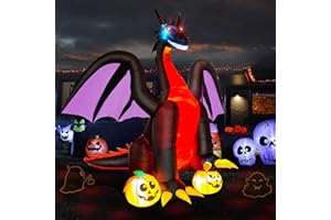 Hourleey 8 FT Halloween Inflatables Decorations, Animated Fire Dragon with Pumpkin, Build-in LED, Blow up Decors for Indoor Outdoor Home Lawn Yard Garden Party Clearance