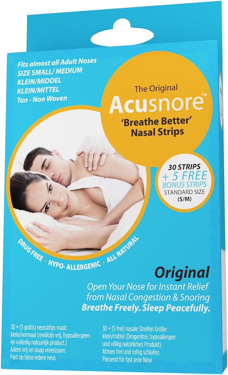 The Original Acusnore Anti Snore & Nasal Congestion ‘Breathe Better’ Nasal Strips- Tan- Non Woven- Regular Small/Medium- 30 Strips + 5 Free Bonus Strips