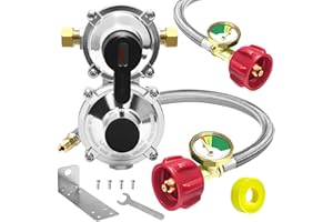 MEFUN Upgraded RV Propane 2-Stage Auto Changeover LP Propane Gas Regulator-2 Tank with Two 18" RV Pigtail Propane Stainless Braided Hoses with Gauge Dual Propane Tank Regulator for RVs, Vans, Trailers,Campe