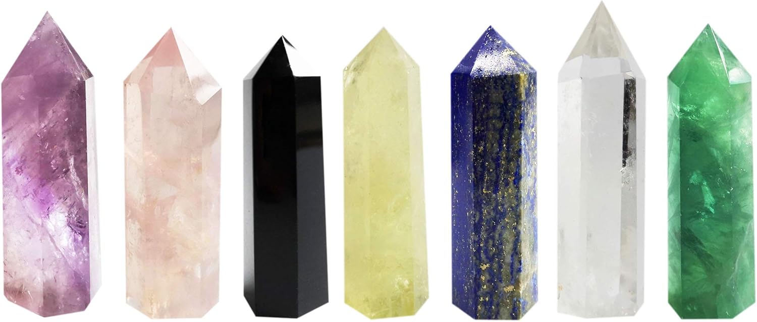 Healing Crystal Wands Point Faceted Prism Bars for Reiki Chakra Meditation Therapy Deco (Set of 7 Wands), 60 - 80 mm