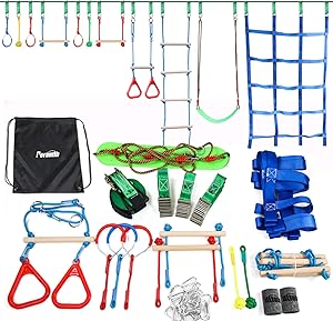 Ninja Warrior Obstacle Course for Kids - Ninja Slackline 52' with 11 Accessories for Kids, Includes Swing, Obstacle Net ,rope ladder,Slackline Gymnastic Bar, Become a Ninja Warrior - Ninja SlackLine