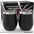CHILLOUT LIFE Stainless Steel Wine Tumblers 2 Pack 12 oz - Double Wall Vacuum Insulated Wine Cups with Lids and Straws Set for Coffee, Wine, Cocktails (Black)