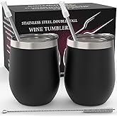 CHILLOUT LIFE 12 oz Stainless Steel Wine Tumblers 2 Pack - Double Wall Vacuum Insulated Wine Glasses Cups with Lids and Straws Set Keeping Cold & Hot for Coffee, Beer, Ice Cream - Powder Coated Black