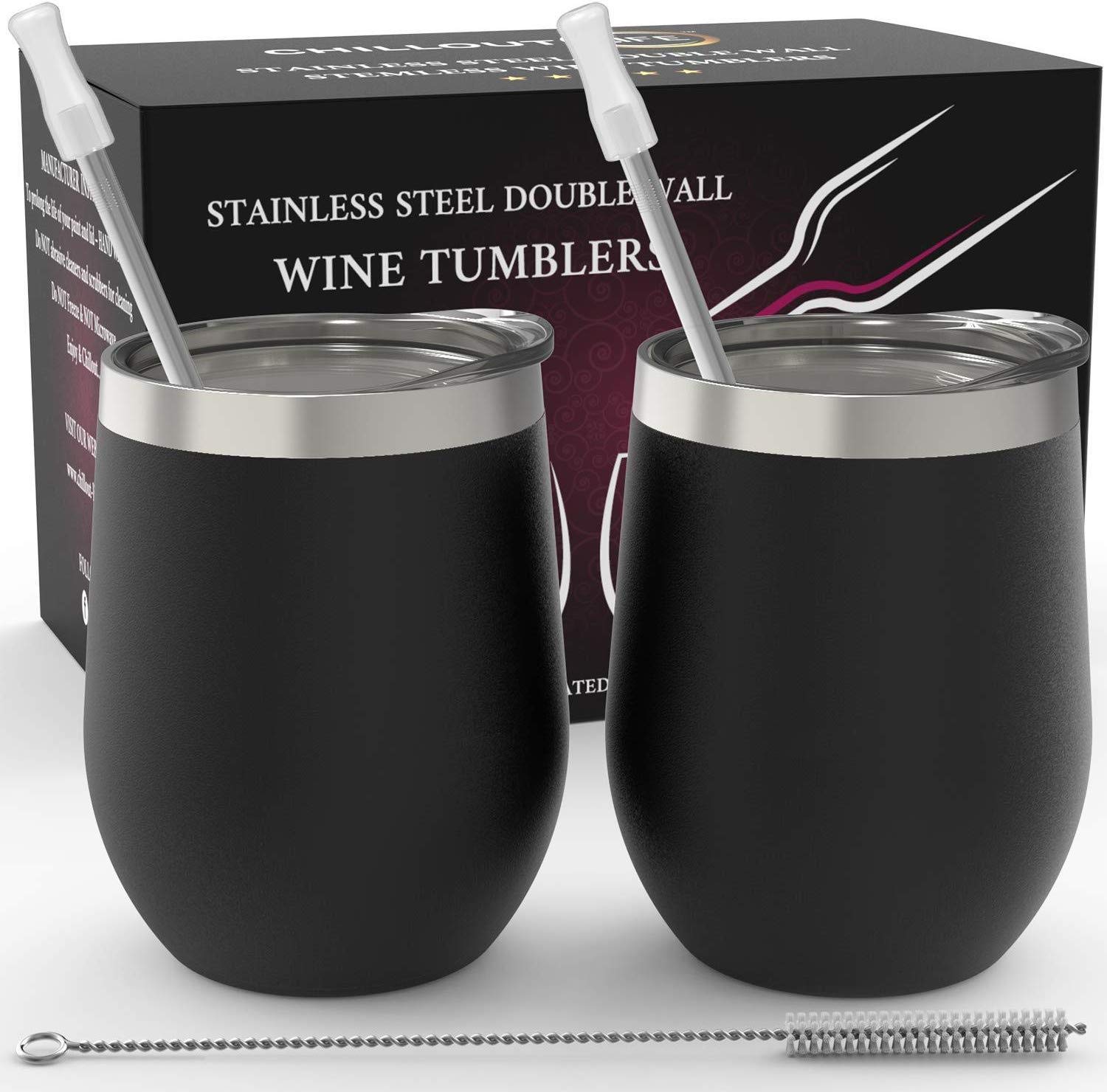 CHILLOUT LIFE Stainless Steel Wine Tumblers 2 Pack 12 oz - Double Wall Vacuum Insulated Wine Cups with Lids and Straws Set for Coffee, Wine, Cocktails (Black) — image 1