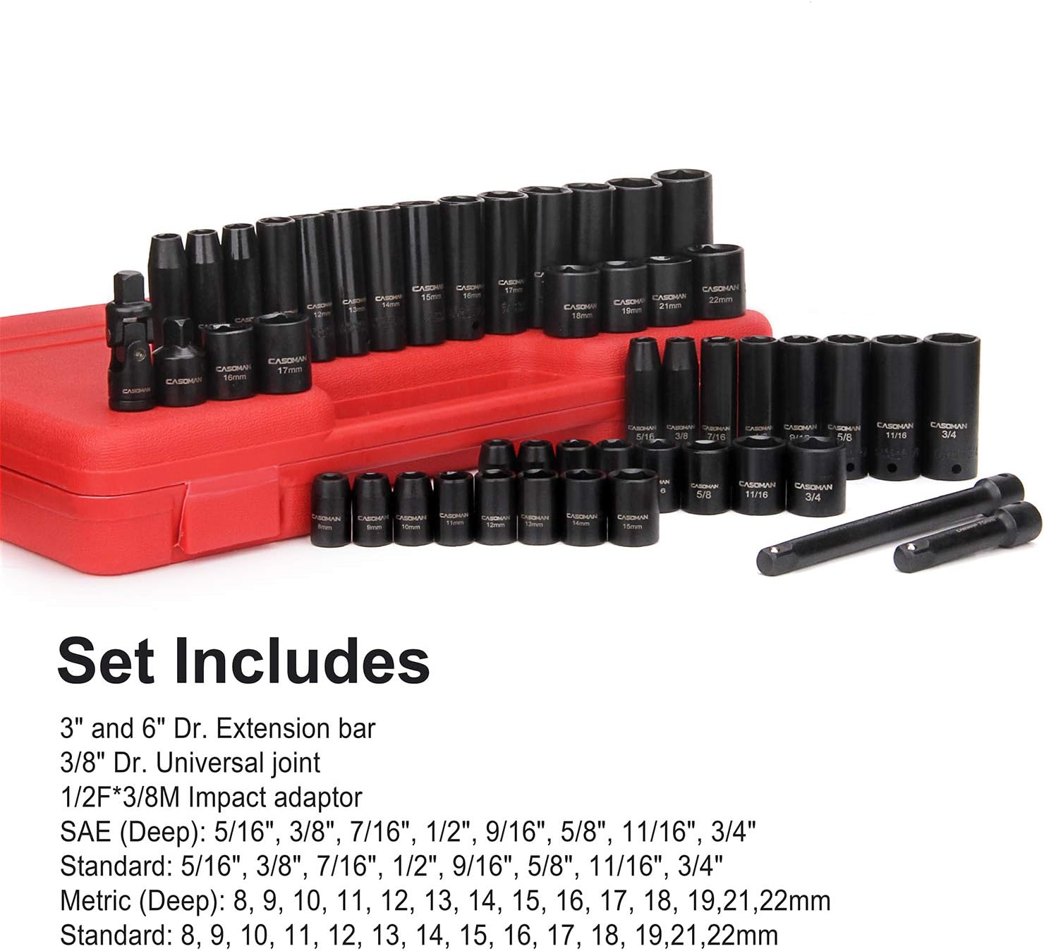CASOMAN 3/8" Drive Impact Socket Set, 49 Piece Standard SAE and Metric Sizes (5/16-Inch to 3/4-Inch and 8-22 mm), 6 Point - Image 4
