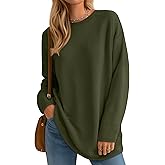 Velvelhall Womens Long Sleeve Sweatshirts Oversized Waffle Knit Tunic Tops Casual Crewneck Long Shirts(Olive Green,Large)