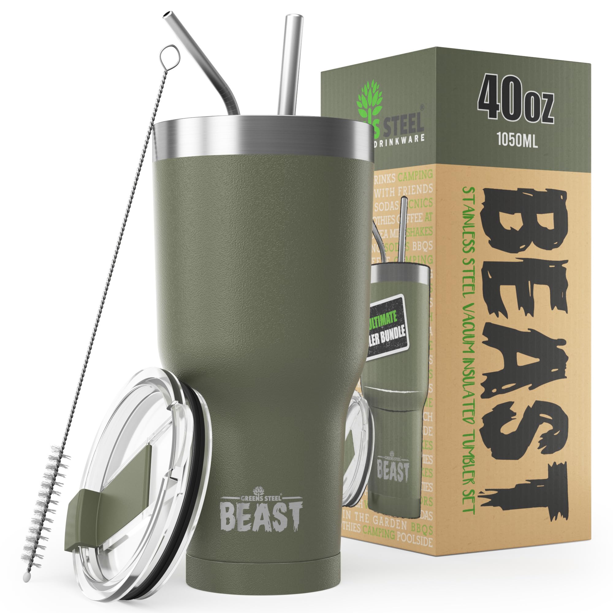 Beast Tumbler - 1050 ml (40 oz), Army Green | Reusable Stainless Steel, Vacuum Insulated Cup | with + 2 Straws & Cleaning Brush | Double Wall Travel Flask Perfect for Hot or Iced Coffee | BPA Free