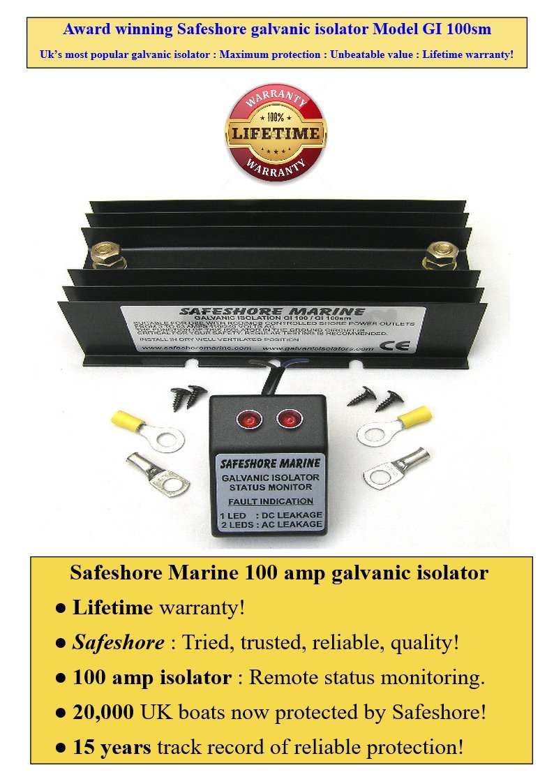 Safeshore Marine Boat galvanic isolator 100 amps Model GI100sm. Remote status monitor. UK's most popular isolator. Over 30,000 UK boats are now protected by Safeshore galvanic isolators!