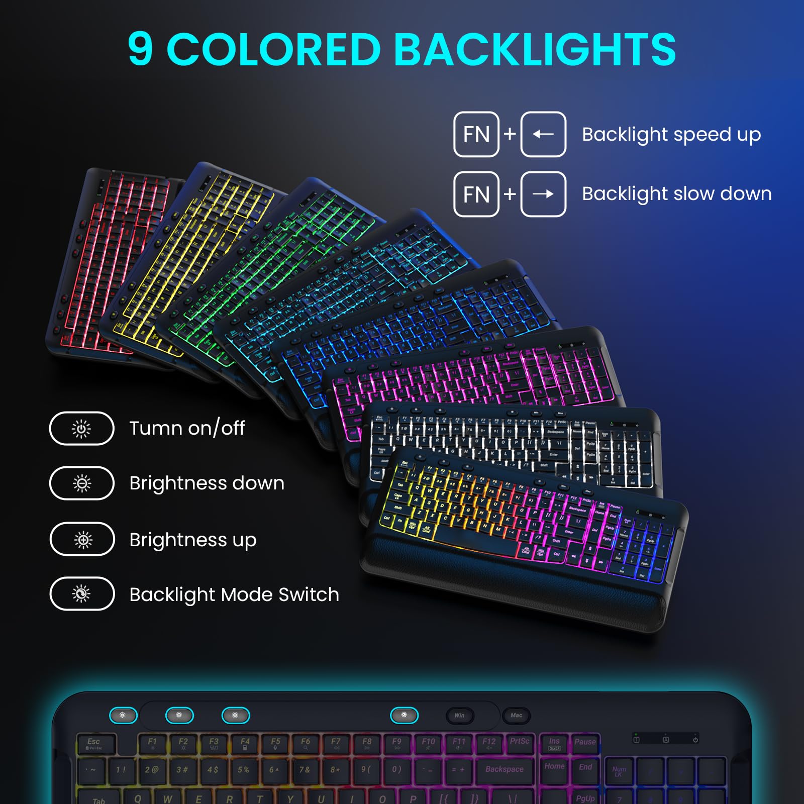 COLIKES Wireless Keyboard and Mouse Combo, Ergonomic Wave, 9 RGB Backlit Effects, Leather Wrist Rest, Rechargeable 2.4G Silent Set for Computer/Windows/Mac, Black