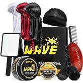 Wave Pomade for Men - Strong Hold, Easy Wash, Promotes Layered Waves, Moisture, Silky Shine, Hair Cream, Grease, Brush, Durag, Cap Set (Red)
