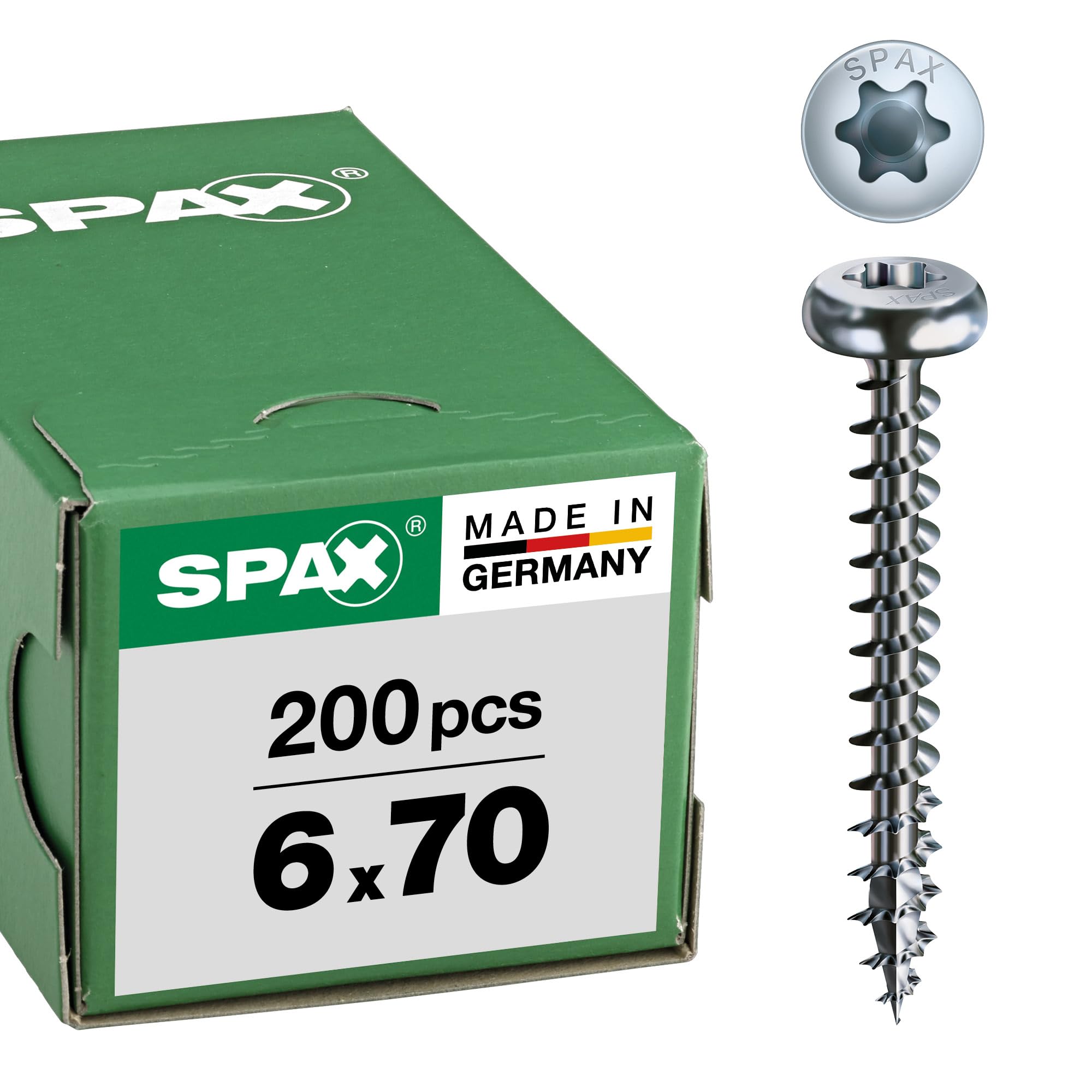 SPAX Universalschraube, 6,0 x 70 mm, 200 Pieces, T-STAR plus, half round head, full thread, 4CUT, WIROX A3J, 0201010600705 — image 1