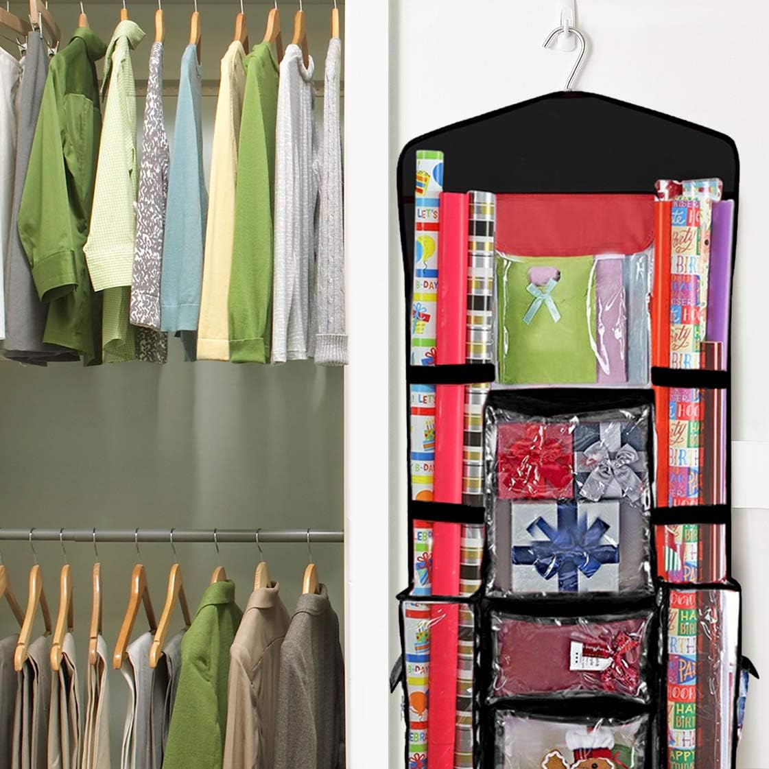 ProPik Hanging Double Sided Wrapping Paper Storage Organizer with Multiple Pockets Organize Your Gift Wrap, Gift Bags Bows Ribbons 40"X17"Fits 40 Inch Rolls Red White and Clear PVC Bag (Black): Health & Personal Care