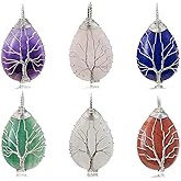 Flemtai Natural Teardrops Stone Pendant Set - 6 Color Tree of Life Wire-Wrapped Gemstone Charms for Jewelry Making Necklace