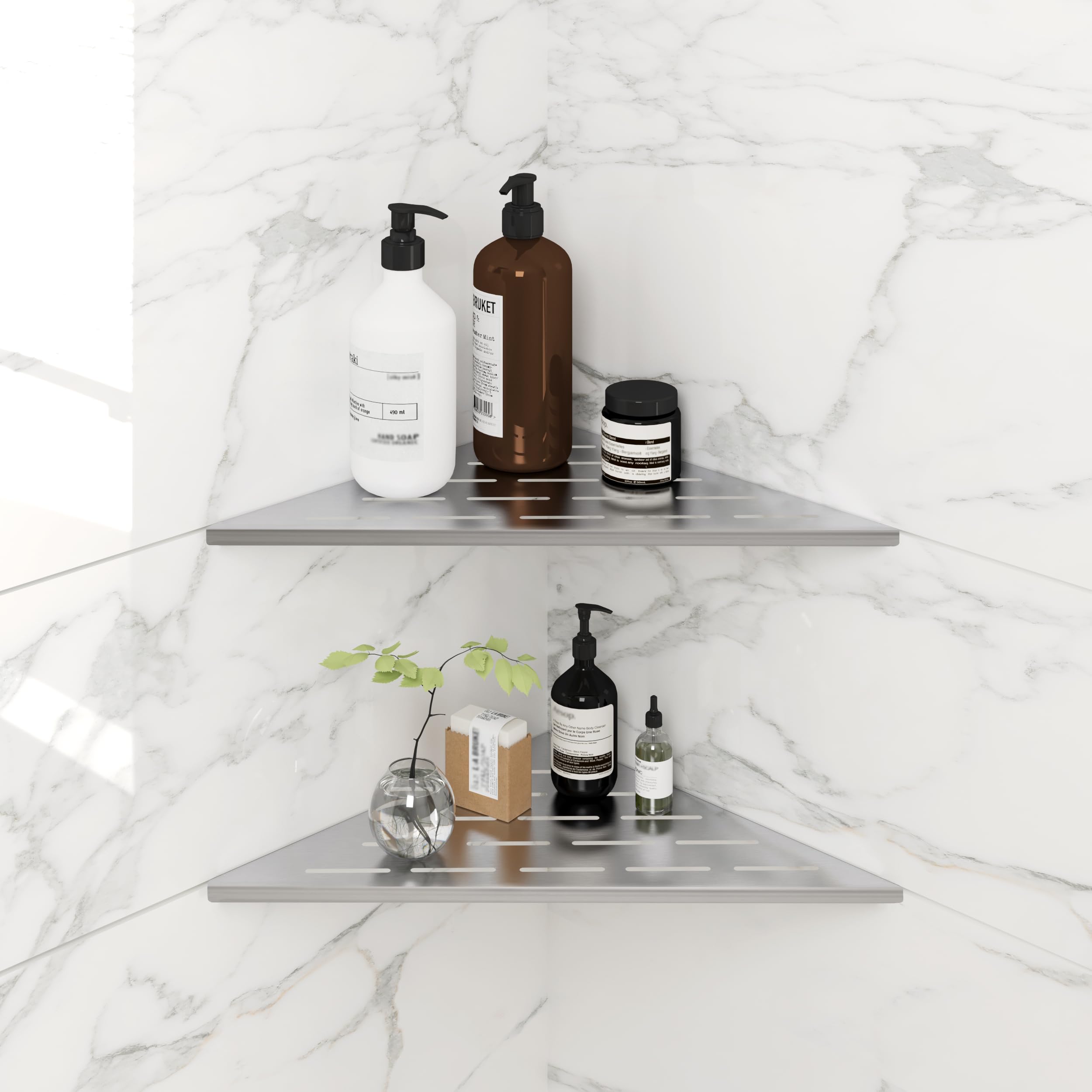 Photo 1 of FerdY 2-Pack 10" Brushed Nickel Recessed Corner Shower Shelf, for Tiled Bathroom Walls, 304 Stainless Steel Floating Shelf, Shower Caddy Storage Shelves, No Drilling Required, Striped Triangle
