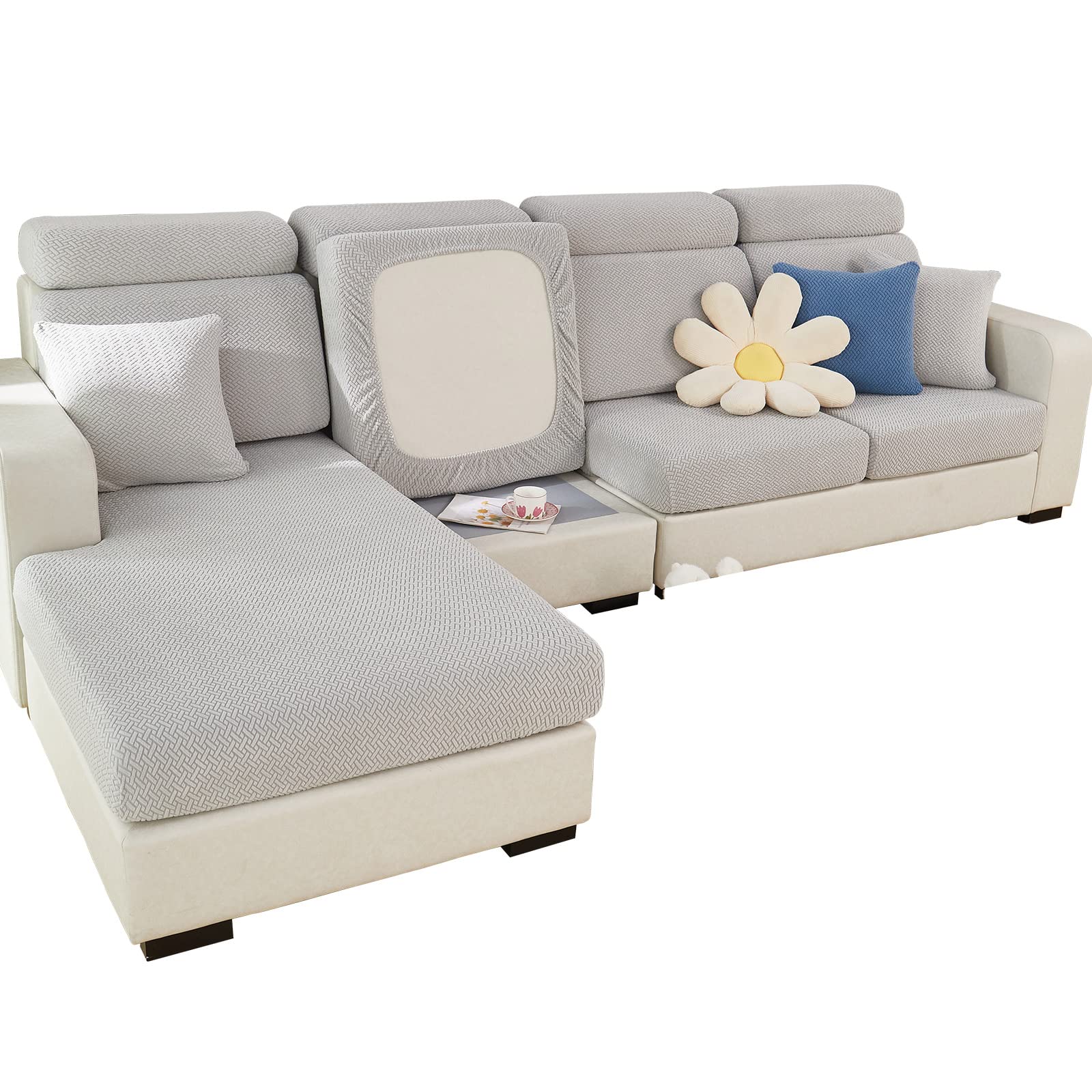 Super Stretch Sofa Cover 1 2 3 4 Seater L Shape, WearResistant Spandex Corner Sofa Cover Non Slip Sofa Slipcovers with Elastic Bottom, Great for Kids & Pets (Weave Light Grey 3 Seater)