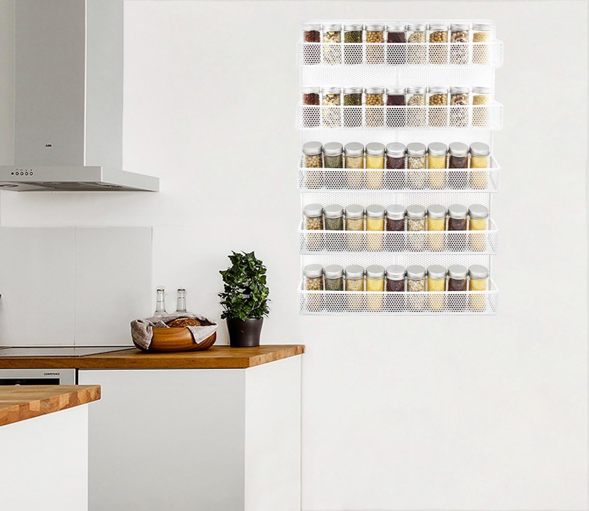 TQVAI 5 Tier Wall Mount Spice Rack Organizer Kitchen Spice Storage Shelf - Made of Sturdy Punching Net, White: Kitchen & Dining