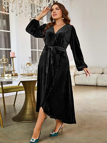 V Neck Plus Size Black Velvet Dress Vintage Plus Size Velvet V