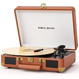 Vinyl Record Player with Built-in Speakers & USB Recording, Vintage 3-Speed Bluetooth Portable Suitcase Turntables Belt-Driven LP Player Support AUX/RCA/Headphone Jack, Brown Leather