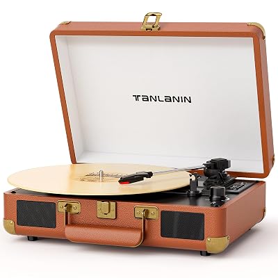 Vinyl Record Player with Built-in Speakers & USB Recording, Vintage 3-Speed Bluetooth Portable Suitcase Turntables Belt-Driven LP Player Support AUX/RCA/Headphone Jack, Brown Leather