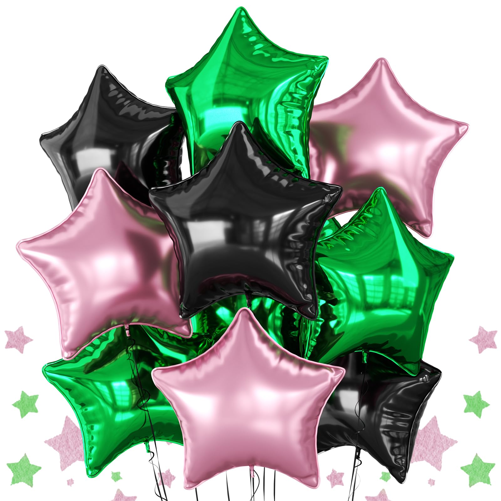 Pink Green Black Star Foil Balloon, 10PCS Halloween Foil Stars Shape Balloons, 18 Inch Large Metallic Stars Balloons Pentagram Balloon for Birthday, Princess, Baby Shower, Witch Party Decorations