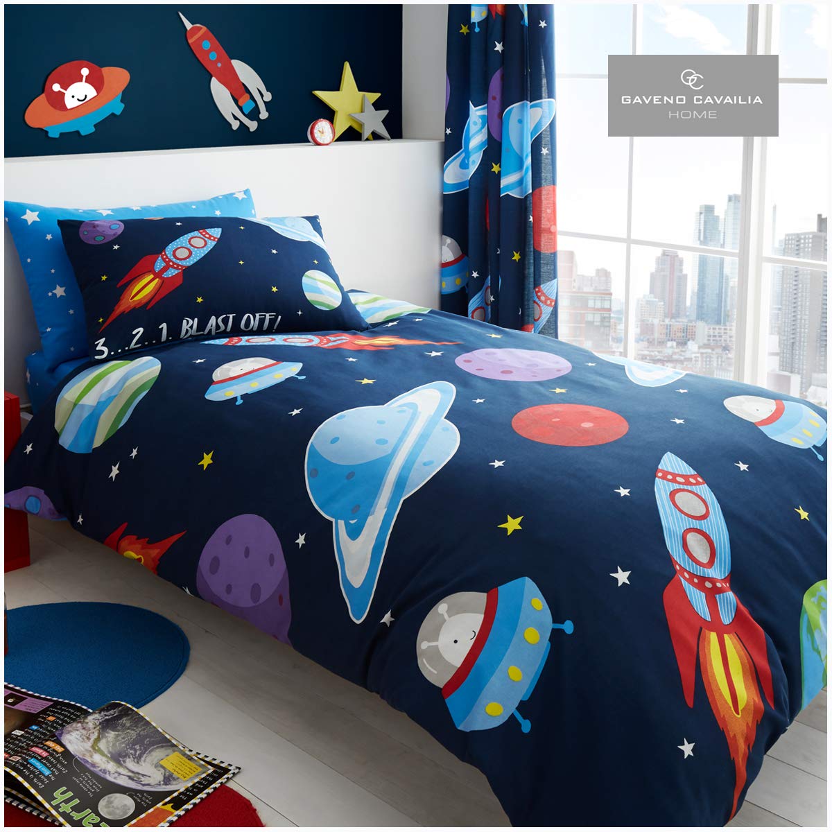 Gaveno Cavailia Kids Rotary Duvet Set Outer Space Single Children Character Bedding 2 Piece Printed Reversible Bedlinen Easy Care Bedset 1 Quilt Cover and 1 Matching Pillow Case