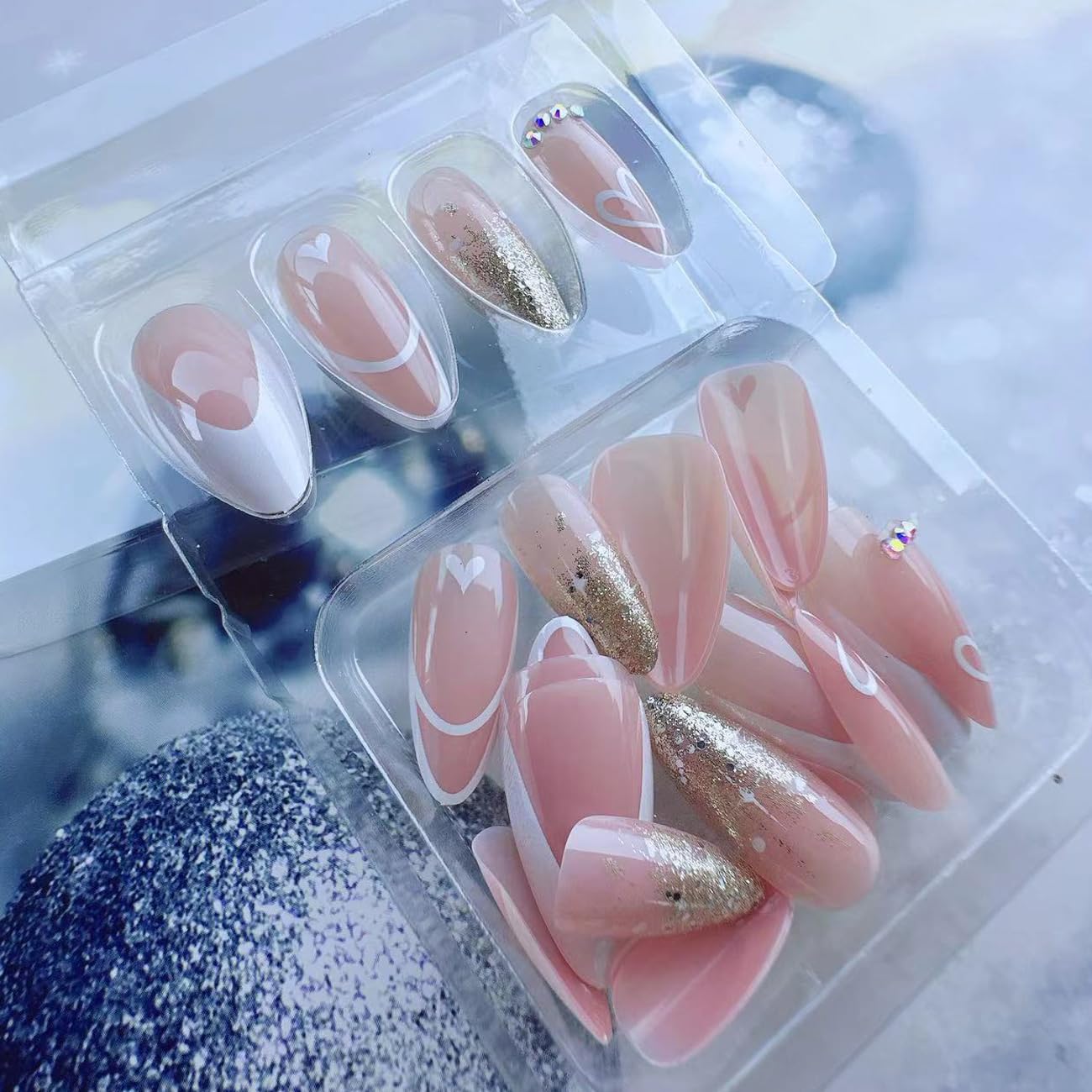 24PCS Valentines Day Press on Nails with White French Valentine's Love Heart Sparkling Glitter Heart False Nails Design Press ons Medium Almond Rhinestone Nails Valentine's Day for Women Girls - Image 6