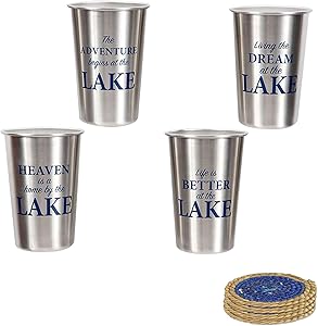 Stainless Steel Fun Lake Life Sayings Drinking Pint Size Tumbler Glassware Set - Life is Better at the Lake, Living the Dream at the Lake Including Coaster Set