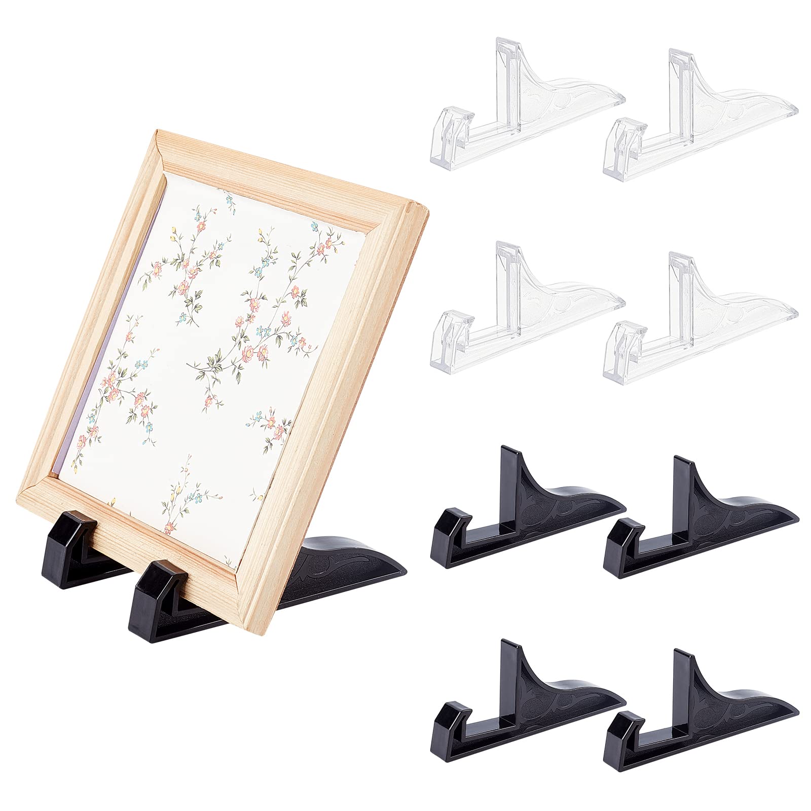PH PandaHall 8pcs Plastic Photo Frame Easel Stands Plate Stand, Table Setting Picture Stand Card Display Holder for Photo Handmade Plates Art Card Booklet Home Decorations, 4.3x0.55 Inch