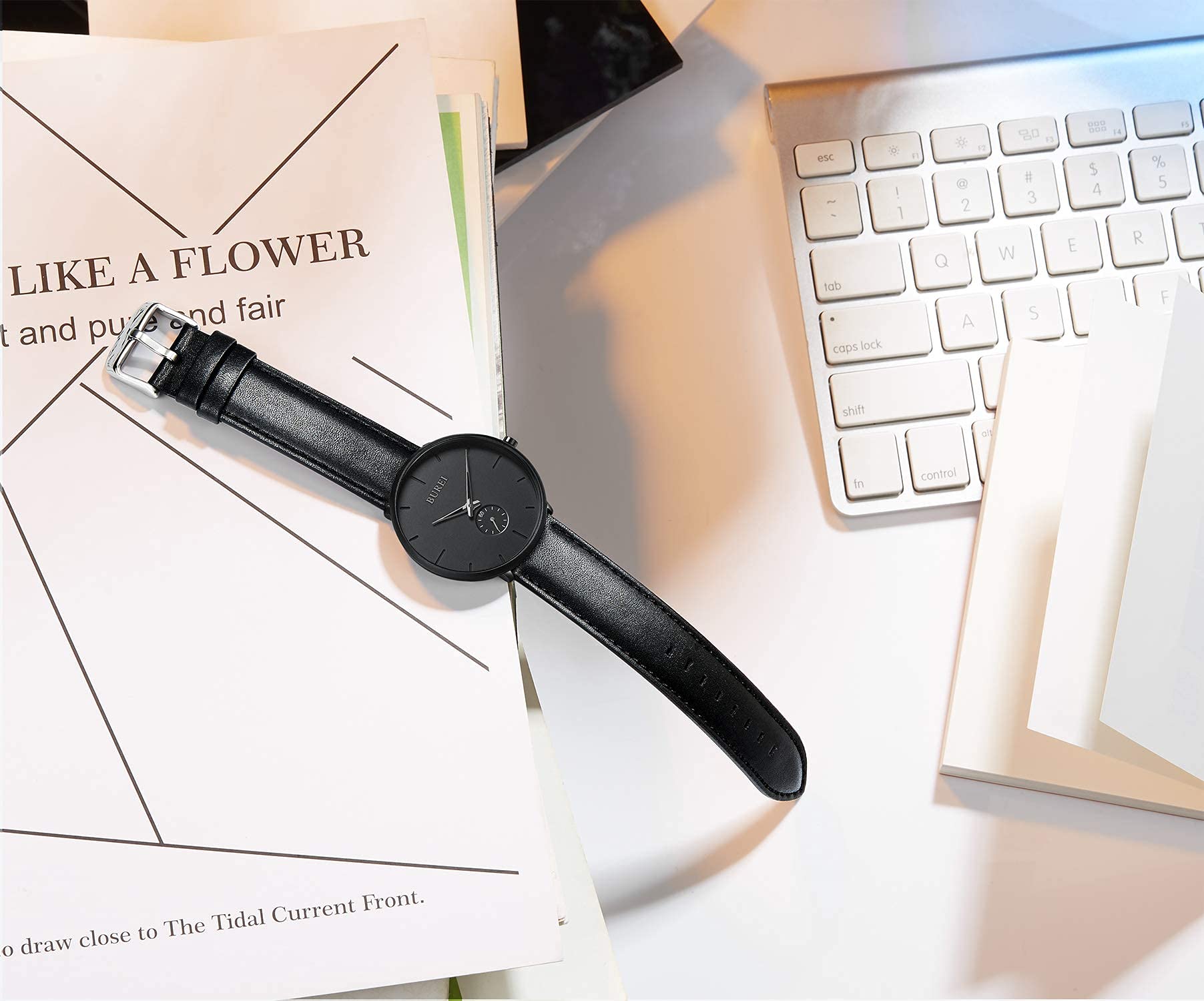 BUREI Men's Quartz Watch Black Minimalist Analog Ultra Thin Waist Watch Simple Style Stainless Steel Mesh Band