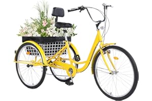 Jacgood Adult Tricycle 26 inch 7 Speed, Three Wheel Bicycle for Adult, Trike Cruiser W/Tools & Big Basket for Exercise Shopping Picnic Outdoor Activities Yellow